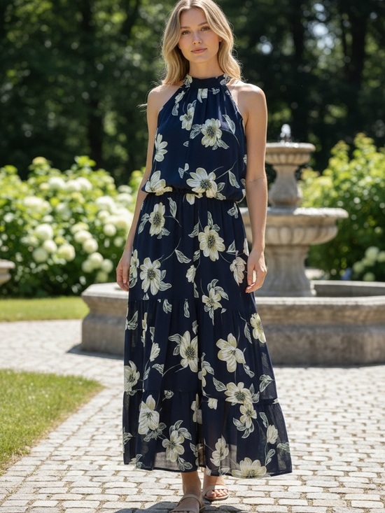 Signature by Robbie Bee Dresses & Skirts - SIGNATURE BY ROBBIE BEE sz 14 Halter Dress Floral Stretch Waist Navy Yellow